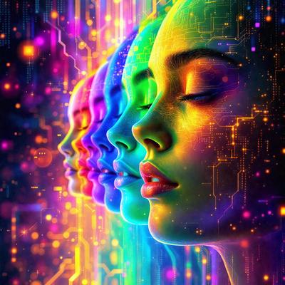 The primary subject of the image is a woman's face, which is depicted in a digital art style. The setting is a futuristic environment, with a backdrop of a colorful, abstract pattern. The visual style is a combination of photo and digital art, creating a unique and vibrant appearance. The colors and mood of the image are predominantly bright and lively, with a focus on the woman's face and the surrounding abstract pattern.